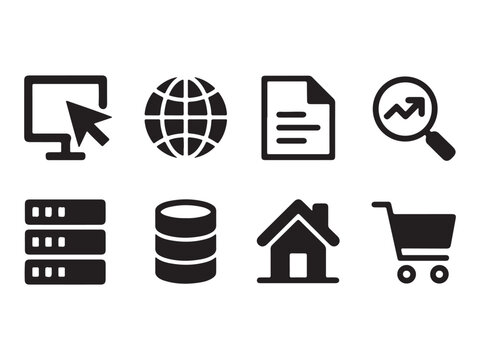 Collection of black and white icons for business technology and internet concepts  computer monitor with cursor globe document with graph server database house and shopping cart