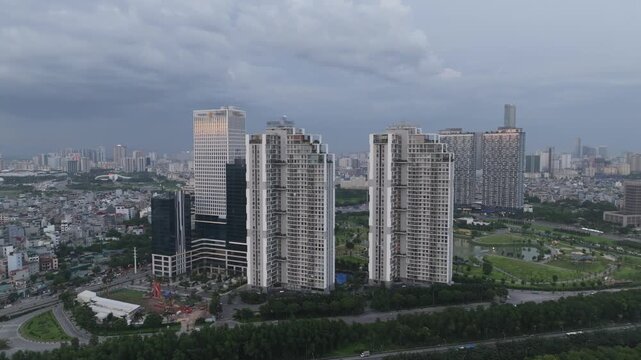 Aerial view of the My Dinh area in Tu Liem District, Hanoi, featuring modern residential towers, office buildings, and urban development.