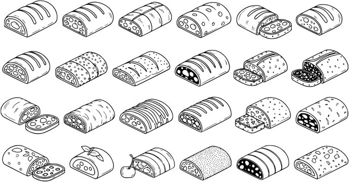 Isometric Line Art Baked Goods Collection. Black and White Outline Drawing of Strudels, Sweet Rolls, and Pastries for Food Industry, Bakery, and Dessert Concepts.