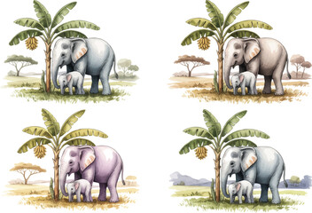 set of Mother Elephant and Baby Elephant Watercolor Vector Illustration, Loving Wildlife Family Scene Isolated on White © creative