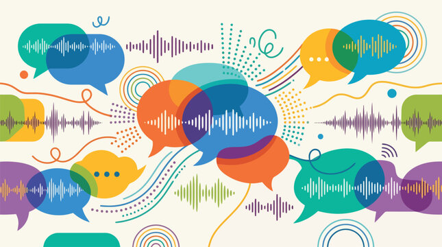Abstract sound wave pattern with colorful speech bubbles, vibrant audio frequency visualization vector, podcast and communication concept background