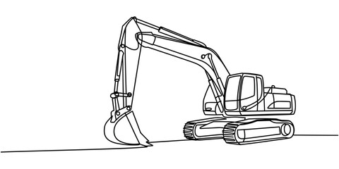 Black and white line of excavator machine construction heavy equipment digger continuous one line drawing © Creative Tania