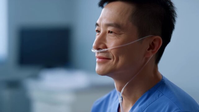 Smiling healthcare professional wearing a nasal cannula in a clinical setting. Represents patient care and medical support in healthcare environments