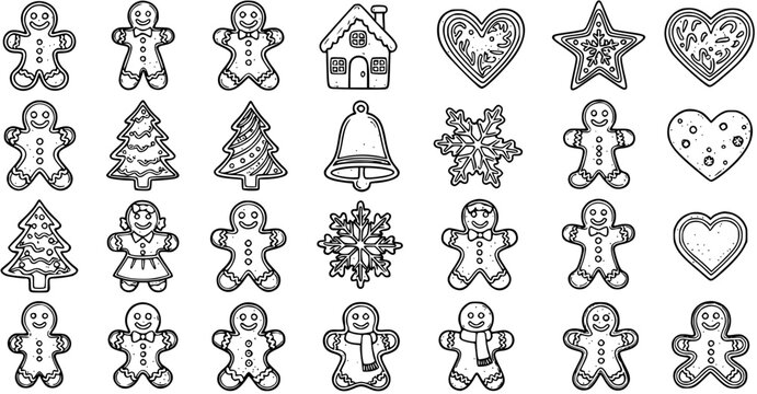 Black and White Line Art Christmas Gingerbread Cookies Icons Set