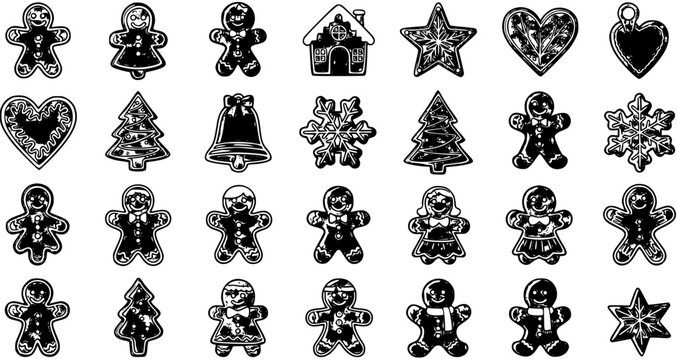 Black and White Vector Icons of Christmas Gingerbread Cookies, Ornaments, and Holiday Symbols