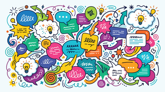 Hand drawn doodle speech bubbles and light bulb icons, colorful brainstorm sketch vector, creative communication and idea generation concept
