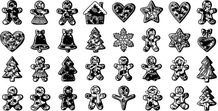 Christmas gingerbread cookies and holiday shapes - Black and White Line Art