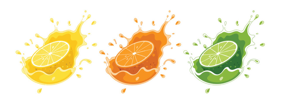 Juice splash lemon, orange, lime illustration ai set featuring realistic citrus fruit splashes, fresh juice bursts, vibrant beverage elements, healthy drink concepts, refreshing summer design, and rea