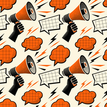 Retro megaphone and speech bubble pattern with lightning bolts and halftone dots