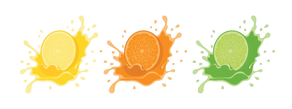 Juice splash lemon, orange, lime illustration ai set featuring realistic citrus fruit splashes, fresh juice bursts, vibrant beverage elements, healthy drink concepts, refreshing summer design, and rea