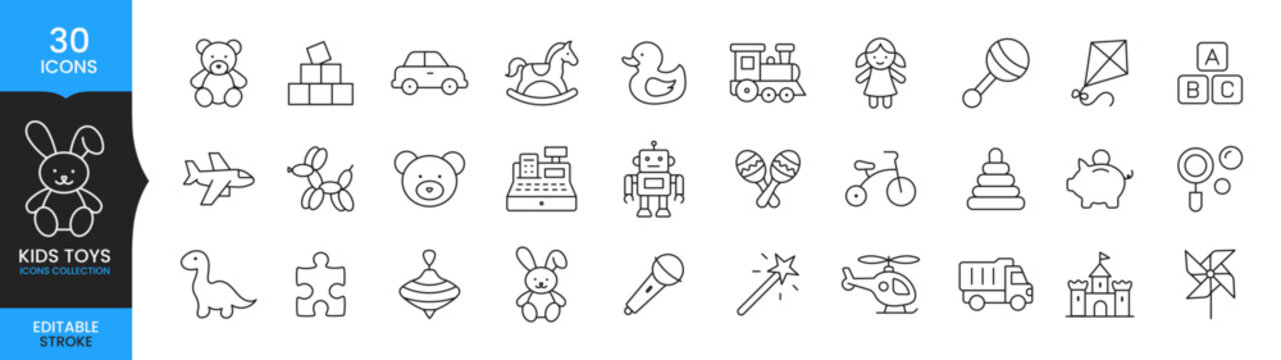 Kids Toys Icons Collection, Children Toy Line Icon Set, Baby Playthings Vector Symbols, Editable Stroke Kids Toys Illustration