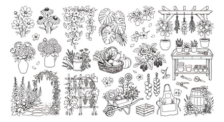 Obraz premium Vintage garden line art collection, hand drawn botanical illustrations set, rustic cottage garden elements for coloring and scrapbooking