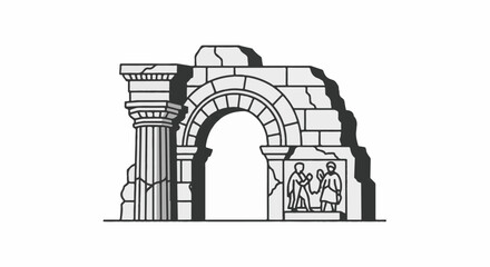 Fototapeta premium Ancient stone archway ruins with Roman-style figures carved into the stone