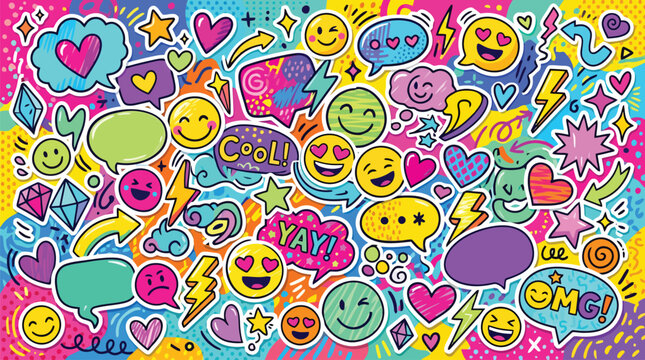 Vibrant pop art doodle background, colorful hand drawn emoji and speech bubble pattern, fun comic style sticker set with hearts and stars