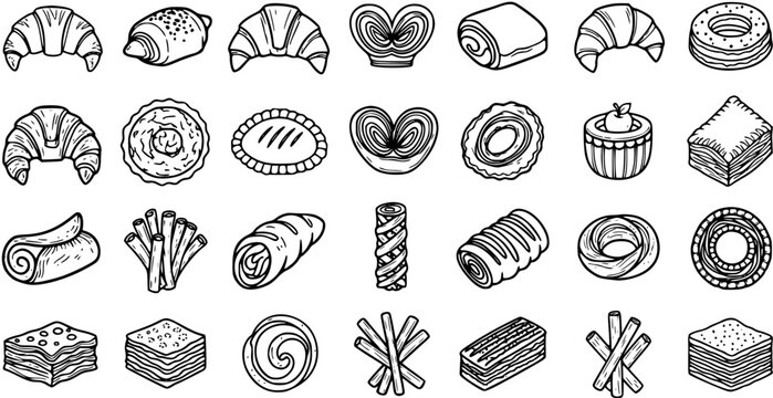 Black and White Line Art of Various Pastries and Baked Goods