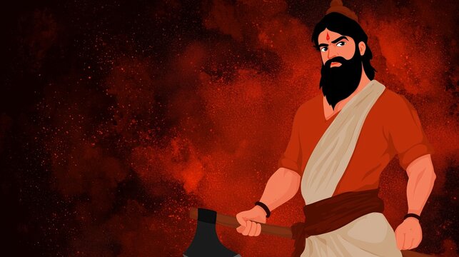 Celebrating Parshuram Jayanti with Lord Parshuram holding his axe in traditional attire and surrounded by vibrant colors