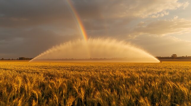 Golden wheat field with rainbow created by irrigation sprinkler system under dramatic stormy sky at sunset agriculture concept