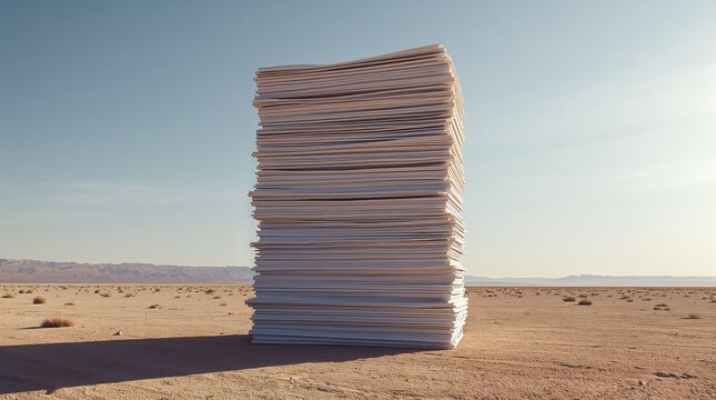 Tall stack of paper documents in desert landscape bureaucracy concept