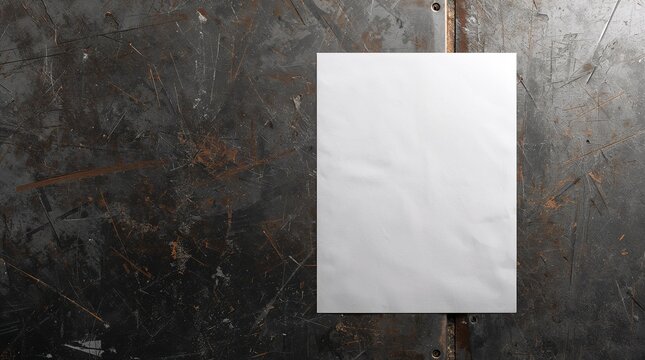 Blank white paper sheet on dark scratched metal surface texture background