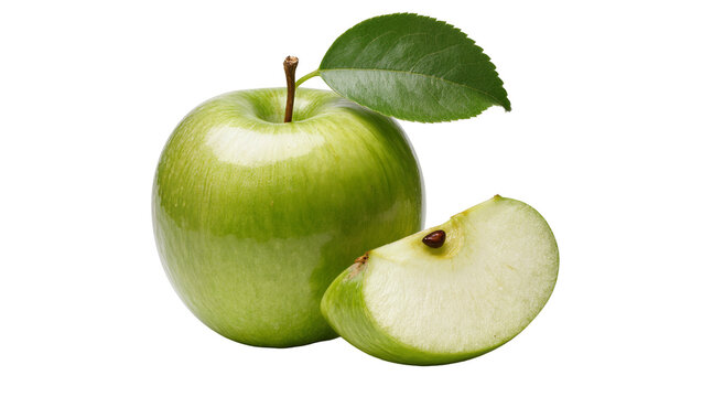 Whole green apple with leaf and slice showing seeds