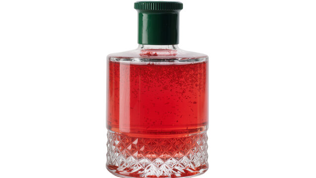 Glass bottle with red liquid and green cap