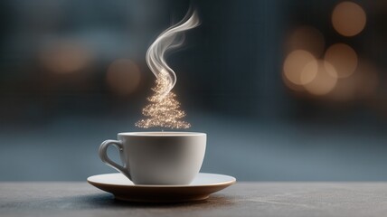 Obraz premium Coffee mug with glowing christmas tree steam, creating festive holiday season atmosphere cheer winter warm