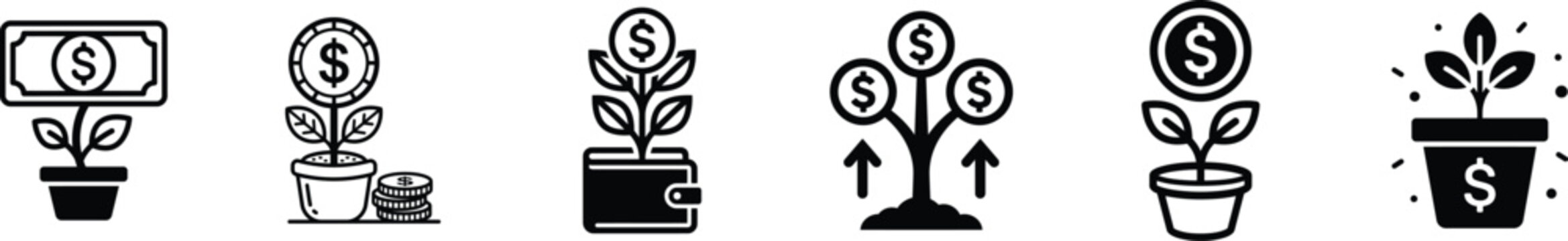 Money tree and financial investment icon collection with investment business currency