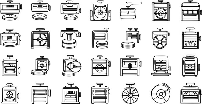 Industrial Processing Machines Black and White Line Art Icons. Manufacturing Equipment, Presses, Rollers  Cutting Tools Outline Collection.