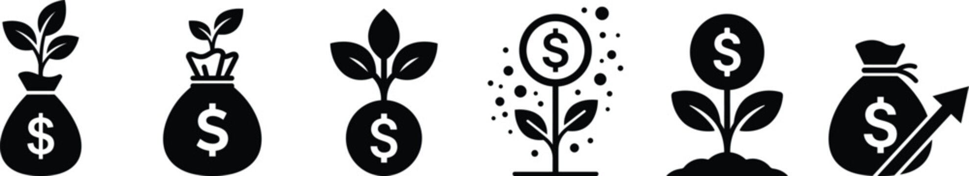 Planting money and financial growth vector icons with investment business currency