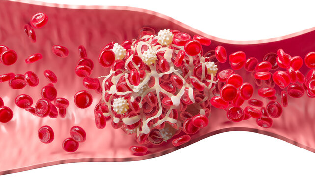 3D illustration of a blood clot formation with red blood cells trapped in a fibrin mesh inside a blood vessel.