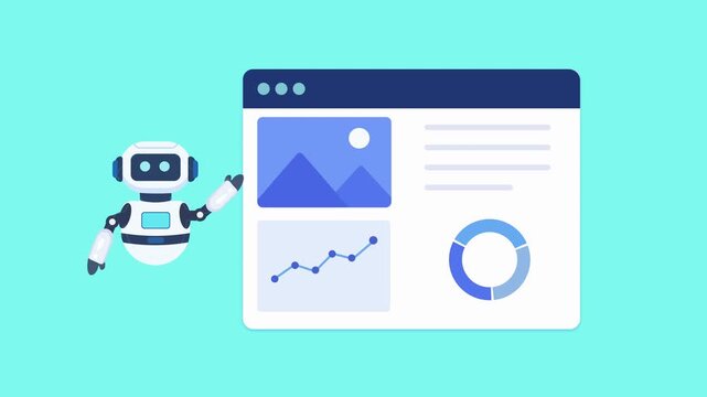 Animated robot assistant presenting a visual analytics dashboard with image content, performance chart, and circular statistics indicator. Looping motion graphic for business and technology concepts.
