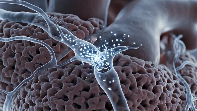 Heart tissue receiving reduced oxygen supply due to blocked circulation, fading glowing oxygen particles moving weakly through transparent capillaries