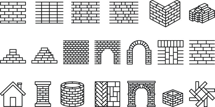Brick masonry wall icon set line art vector design for construction building arch paving architecture pattern house material