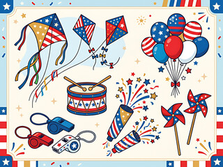 Obraz premium Patriotic Kids Celebration Elements Bundle Fourth of July Kites Balloons Pinwheels Fireworks Vector Collection.
