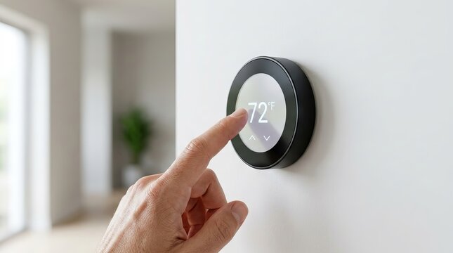 Person adjusting round smart thermostat on white wall for efficient home climate control management