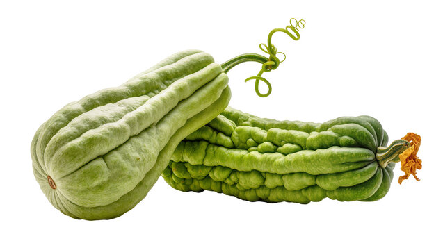 Two bumpy green bitter melons with vine and flower