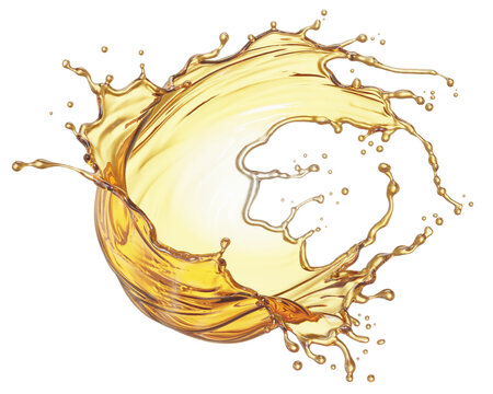 Golden oil splash isolated on white background. 3D illustration of premium luxury cosmetic liquid serum or gold essential oil.