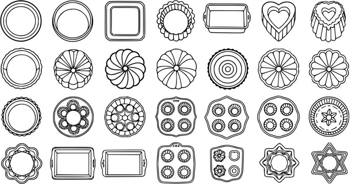Food  Baking Industry Bakeware: Black and White Line Art Collection of Outline Icons for Molds, Cookie Cutters, Cake Pans, and Trays