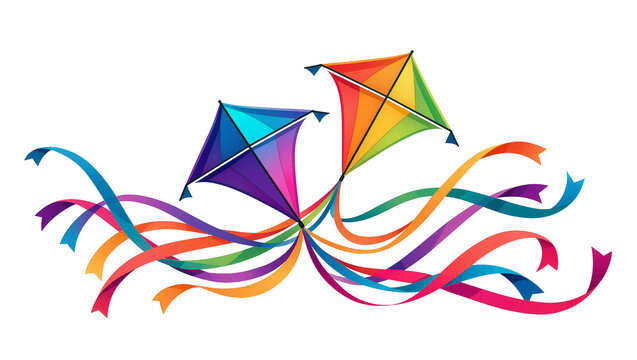 Two colorful diamond kites with long flowing ribbons