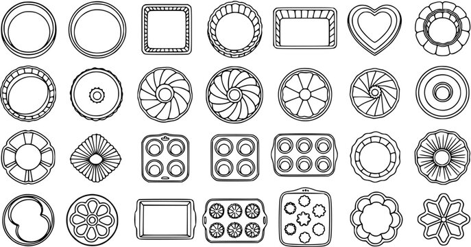 Black and White Line Art Collection of Baking Molds and Cookie Cutters