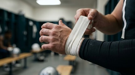 Naklejka premium American football player wraps his wrist with athletic tape in a dark locker room before training