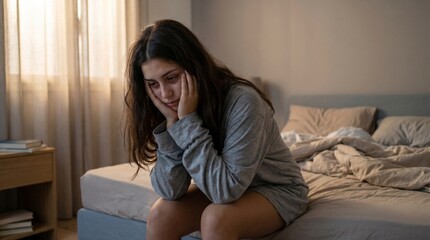 Fototapeta premium Teen Girl Struggling with Sleep Problems Sitting on Bed in Bedroom at Night
