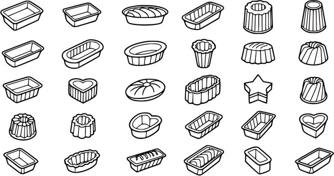 Food  Baking Industry Black  White Line Art Vector Set: Assorted Baking Molds, Cake Pans, Loaf Tins  Cookie Cutters Collection.