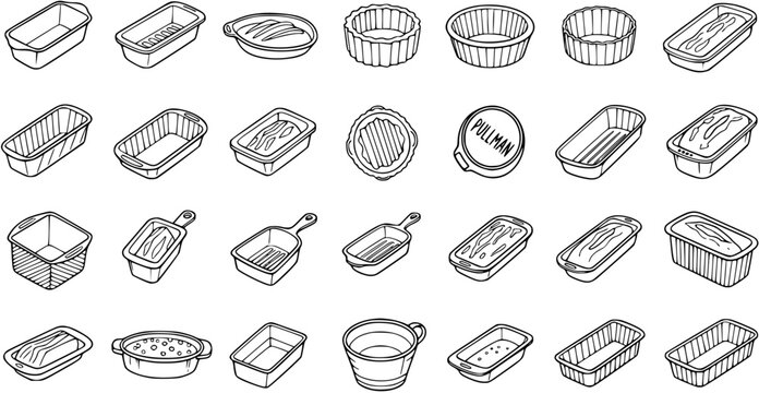 Bakeware and Baking Pans Collection: Black and White Line Art Icons for Kitchen Molds, Loaf Tins, Cake Dishes, and Roasting Pans - Food Industry Vector