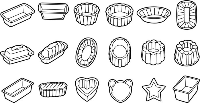 Black and White Line Art Icons of Various Baking Molds, Pans, and Kitchen Containers. A Collection of Cookware Outlines for Food Preparation and Culinary Design.