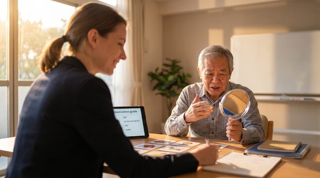 Speech Therapy Session for Stroke Recovery Patient Practicing Communication Skills