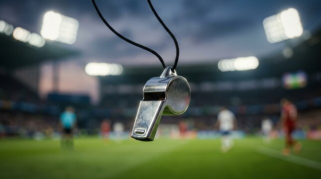 Shiny metal referee whistle suspended over blurred stadium pitch during professional soccer match