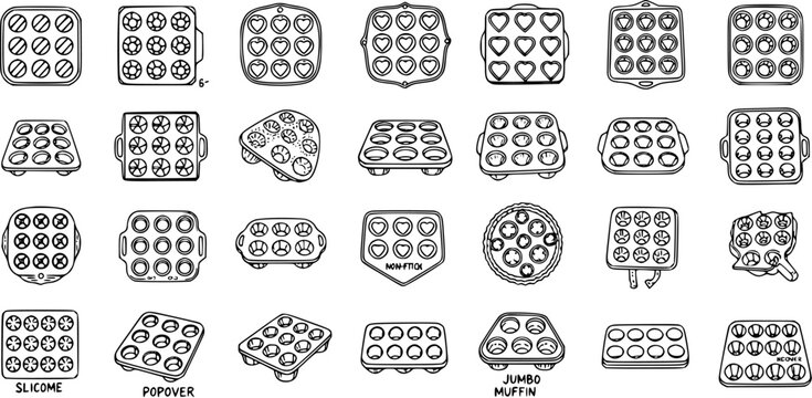 Black and White Line Art Illustration of Various Baking Pans and Muffin Tins, Food Preparation Equipment