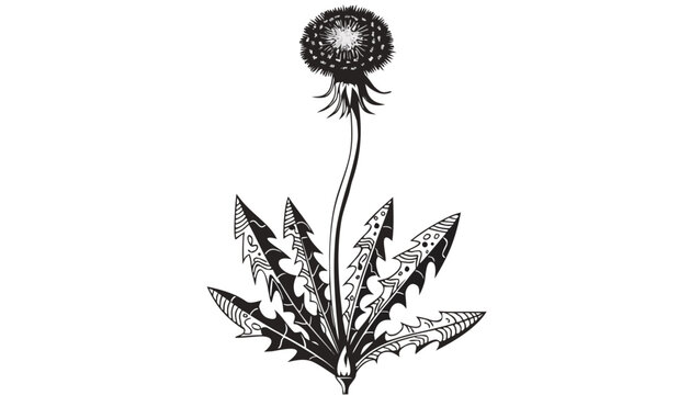 Very beautiful black-and-white engraved vector illustration of a dandelion flower, featuring detailed leaves, medicinal herb characteristics, wild meadow plants, and elegant botanical engraving, isola