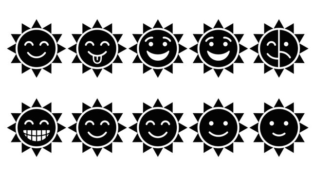 Modern graphic collection of diverse sun icons, showcasing a wide range of cheerful and playful facial expressions for varied emotional representation